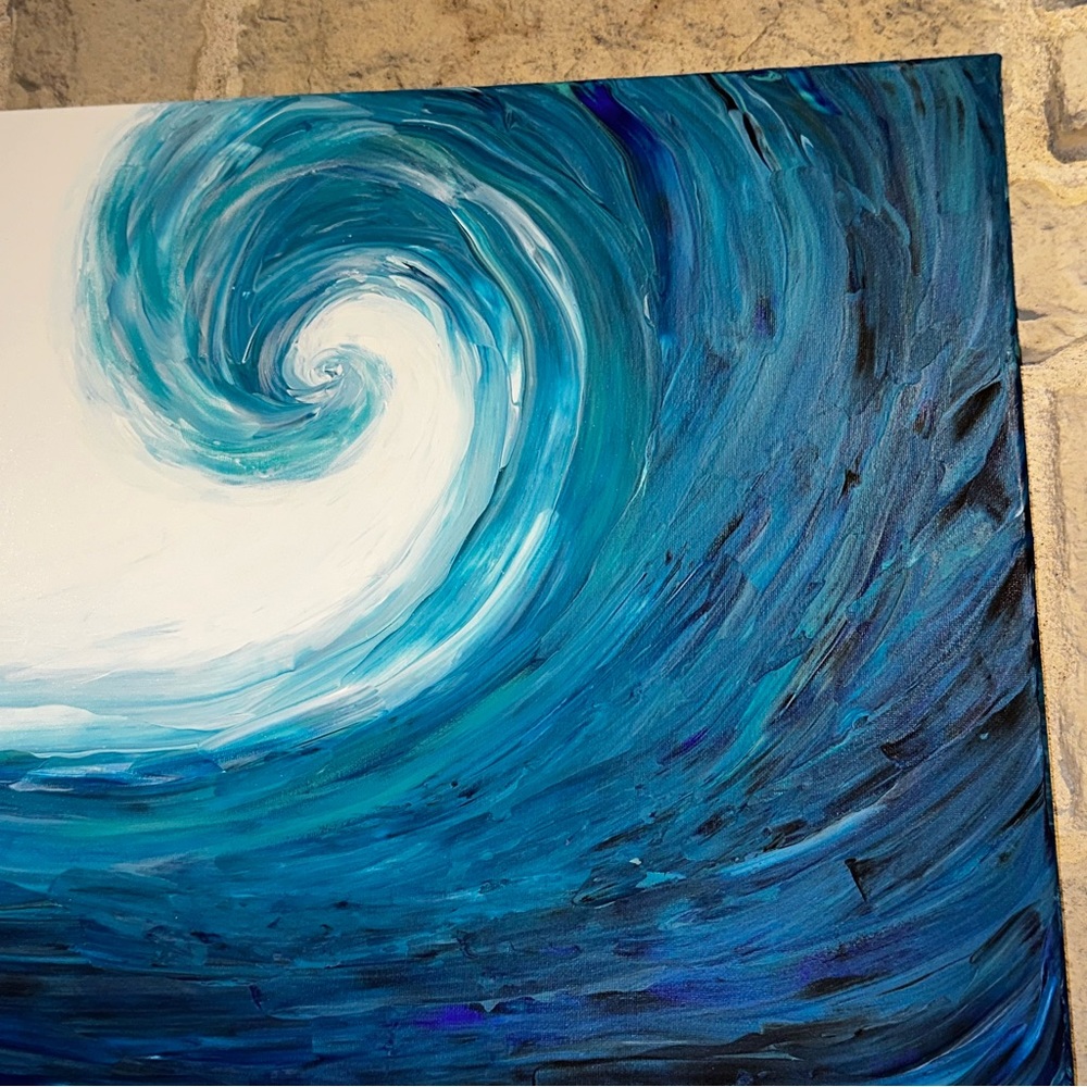 18x24 Hand painted acrylic art painting ocean beach wave in shades of blue - Picture 7 of 8